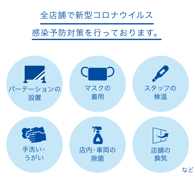 全店舗で新型コロナウイルス感染予防対策を行っております